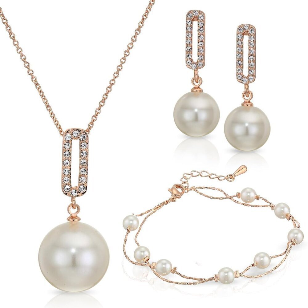 Jewelry Set Faux Pearls Necklace Earrings Bracelet Rose Gold Plated Wedding